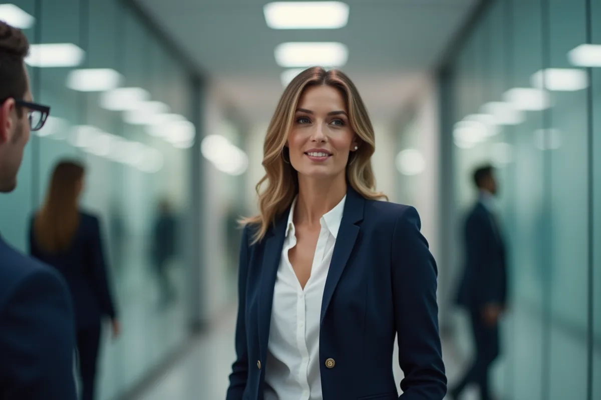 Femme en blazer navy dans un couloir moderne de bureau