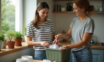Jeune femme triant des recyclables dans la cuisine moderne