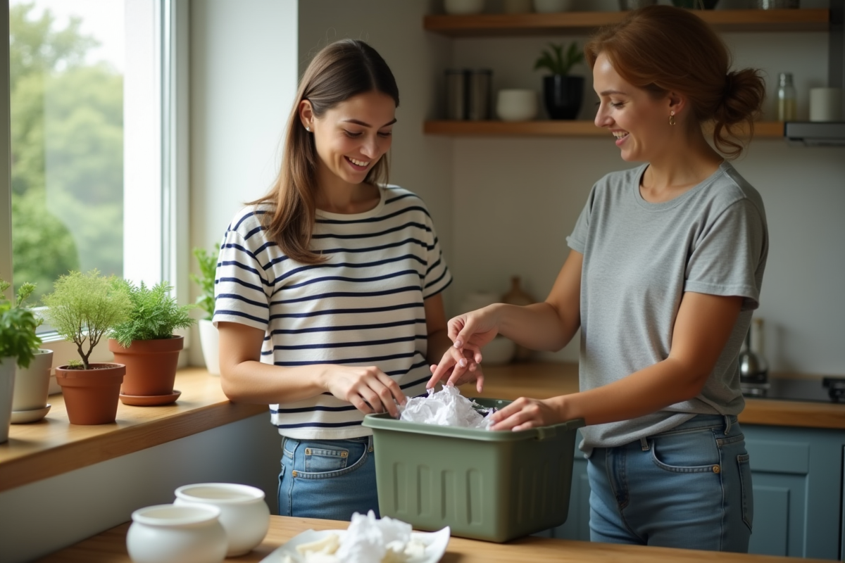 Jeune femme triant des recyclables dans la cuisine moderne