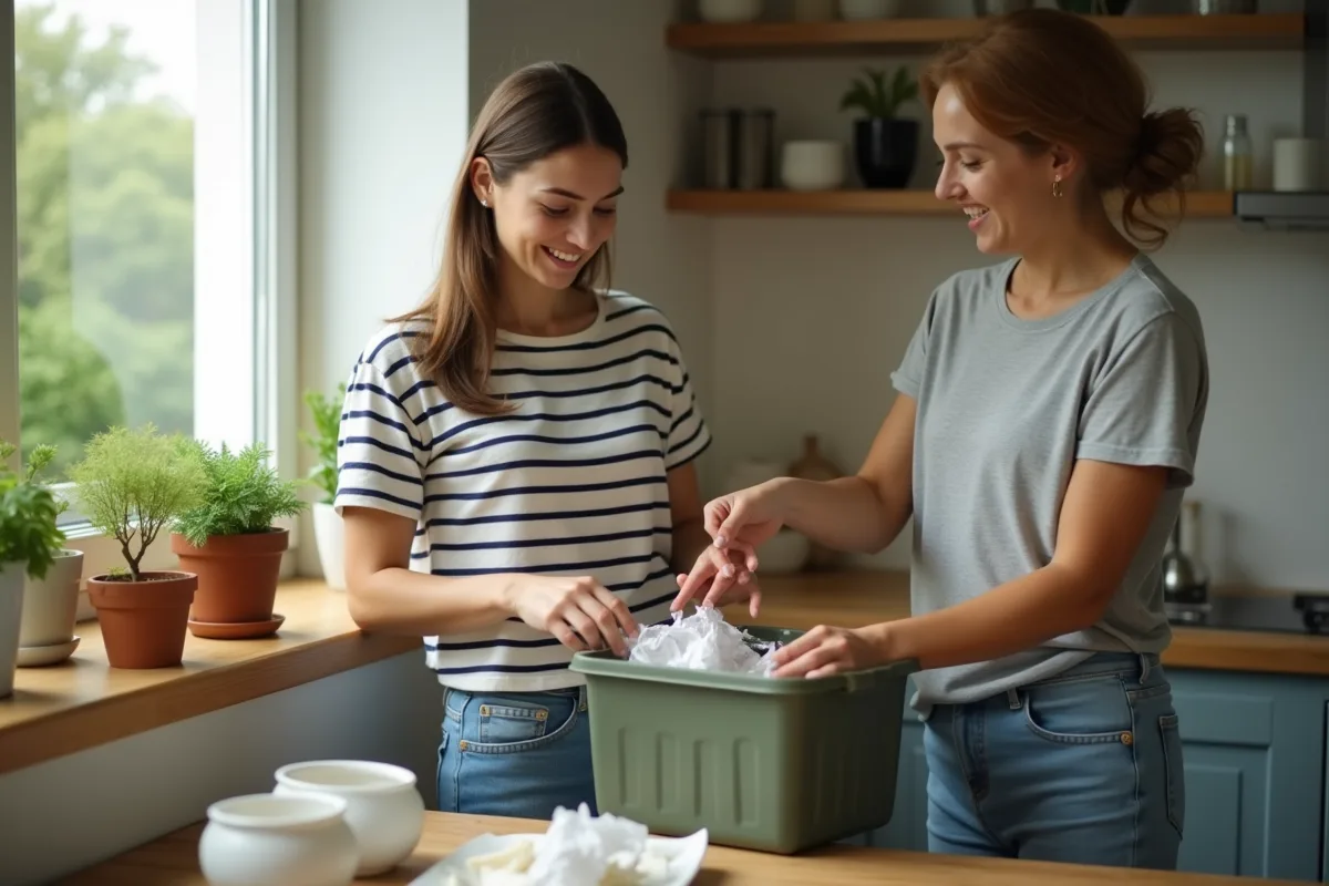 Jeune femme triant des recyclables dans la cuisine moderne