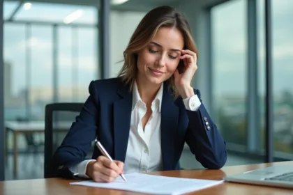 Femme signant un contrat dans un bureau moderne