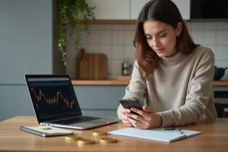 Jeune femme vérifiant son smartphone avec crypto sur la table