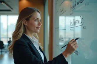 Femme en blazer écrivant stratégies marketing dans un bureau moderne