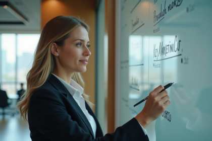 Femme en blazer écrivant stratégies marketing dans un bureau moderne