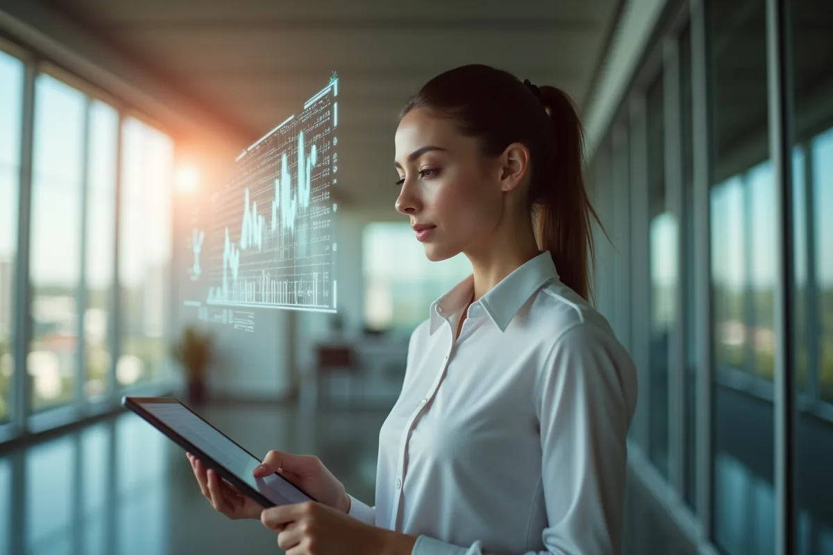 Femme d affaires utilisant une tablette avec analytics futuristes