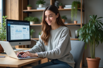Jeune femme travaillant à domicile dans un bureau moderne