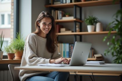 Jeune femme travaillant à domicile sur son ordinateur