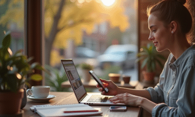 Jeune femme travaillant sur un ordinateur portable au café avec réseaux sociaux
