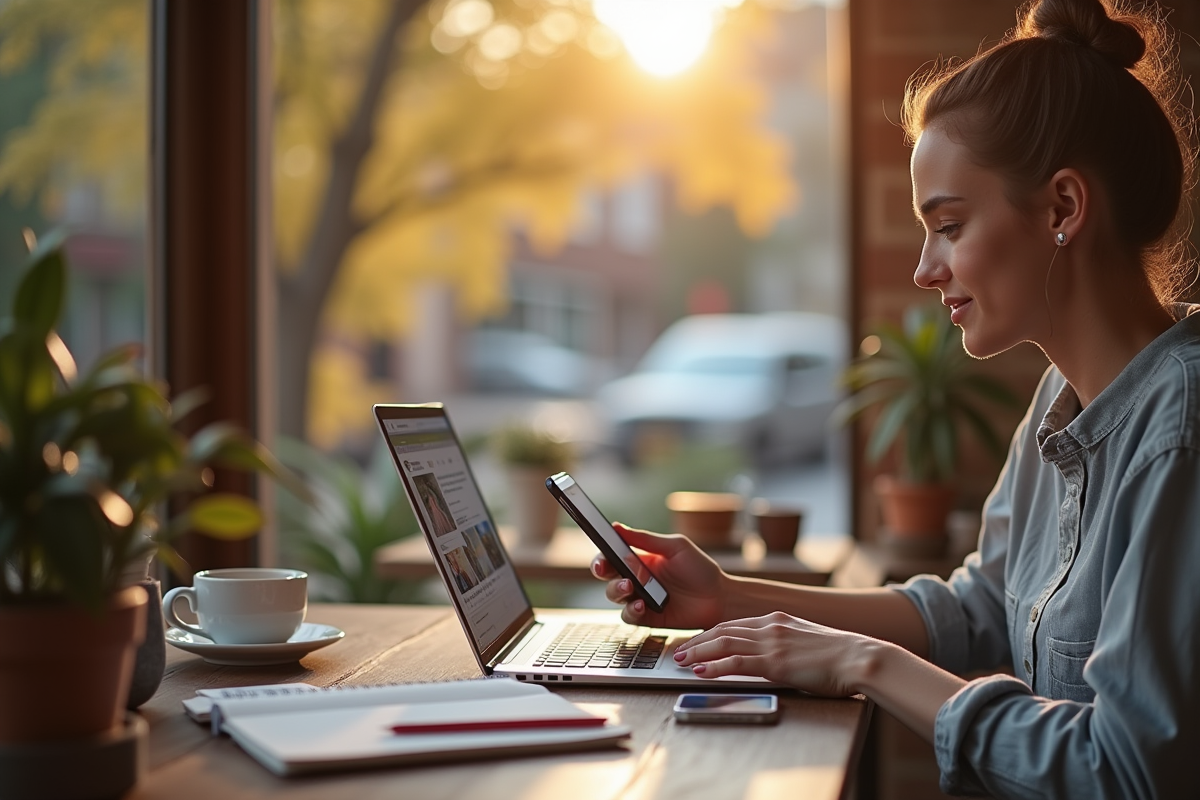 Jeune femme travaillant sur un ordinateur portable au café avec réseaux sociaux