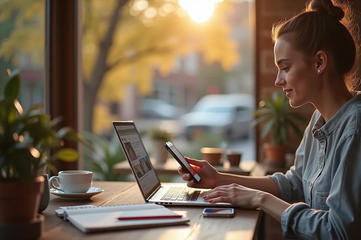 Jeune femme travaillant sur un ordinateur portable au café avec réseaux sociaux