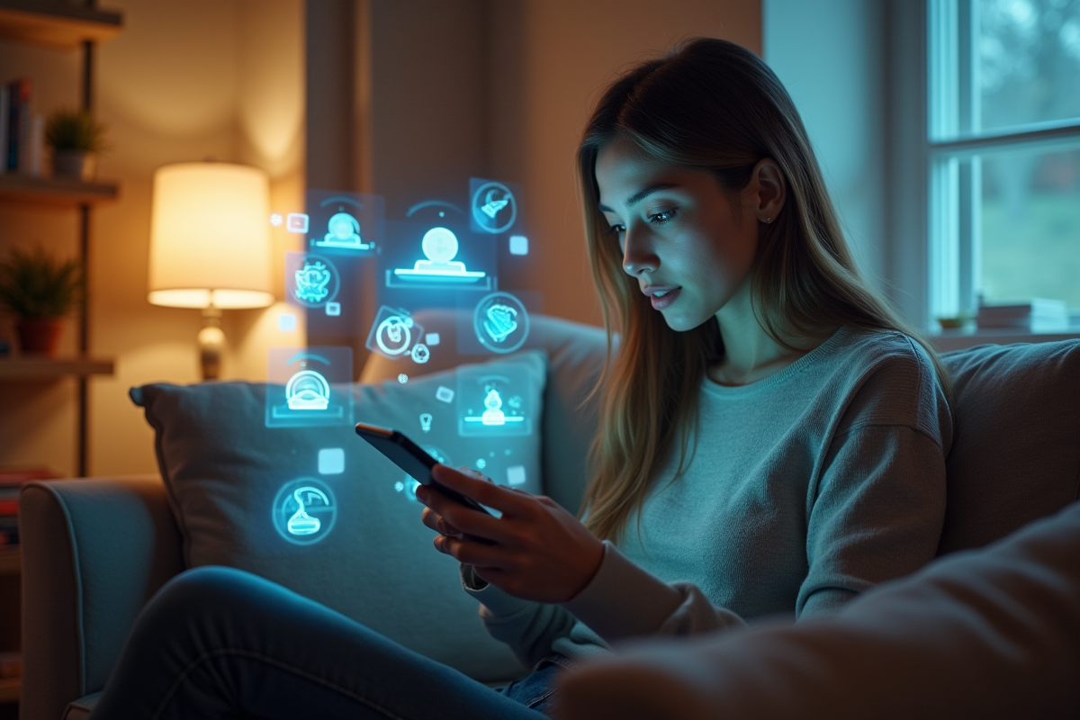 Jeune femme chez elle regardant des publicités holographiques sur son smartphone