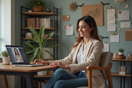 Jeune femme en home office enregistrement vidéo crowdfunding