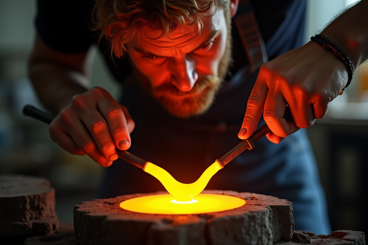 Artisan verre soufflant façonnant du verre en atelier lumineux