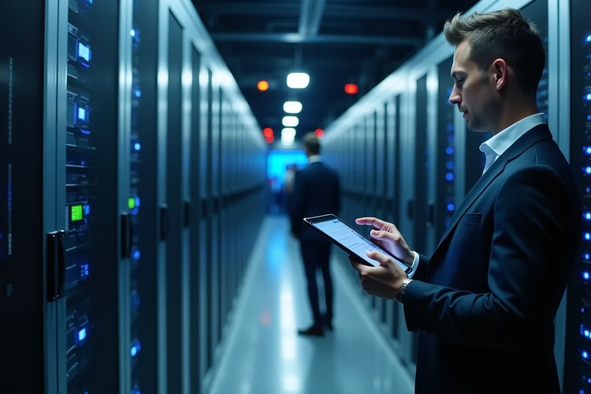 Vue intérieure d'un data center avec serveurs et câblage complexe