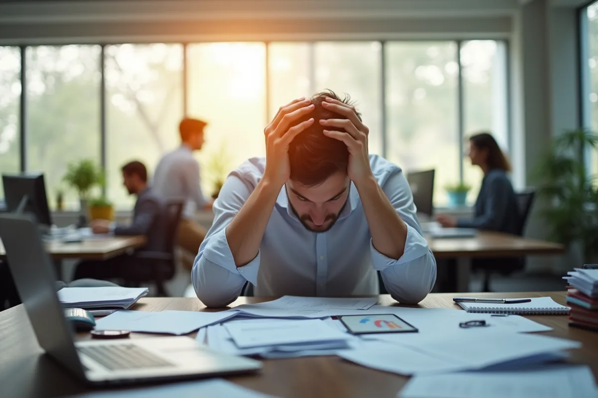 Bureau stressant avec mails urgents et collègues tendus