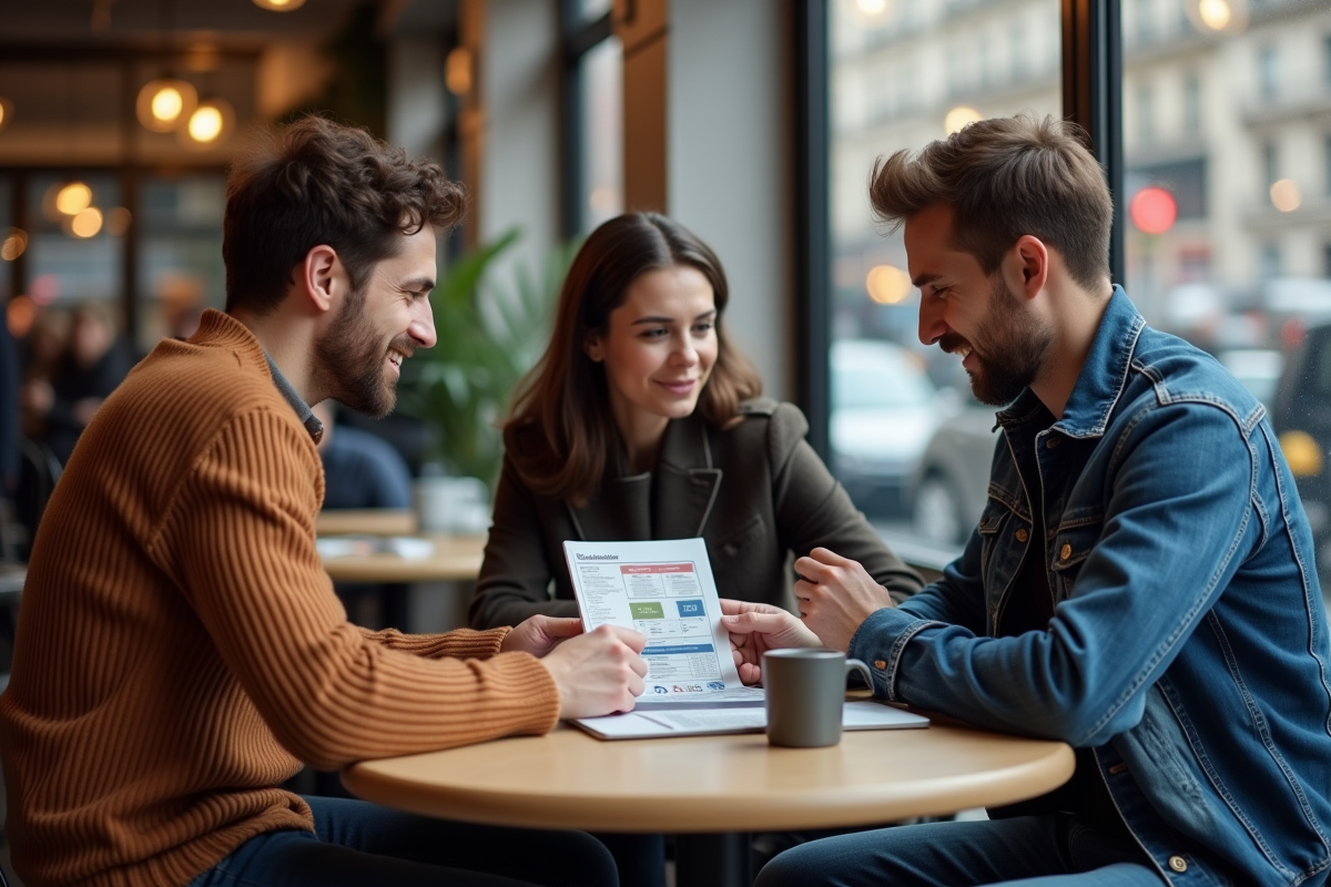 Groupe de trois personnes discutant campagne crowdfunding au café