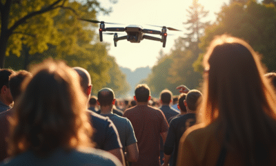 Groupe de citoyens et responsables dans un parc regardant un drone