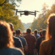 Groupe de citoyens et responsables dans un parc regardant un drone