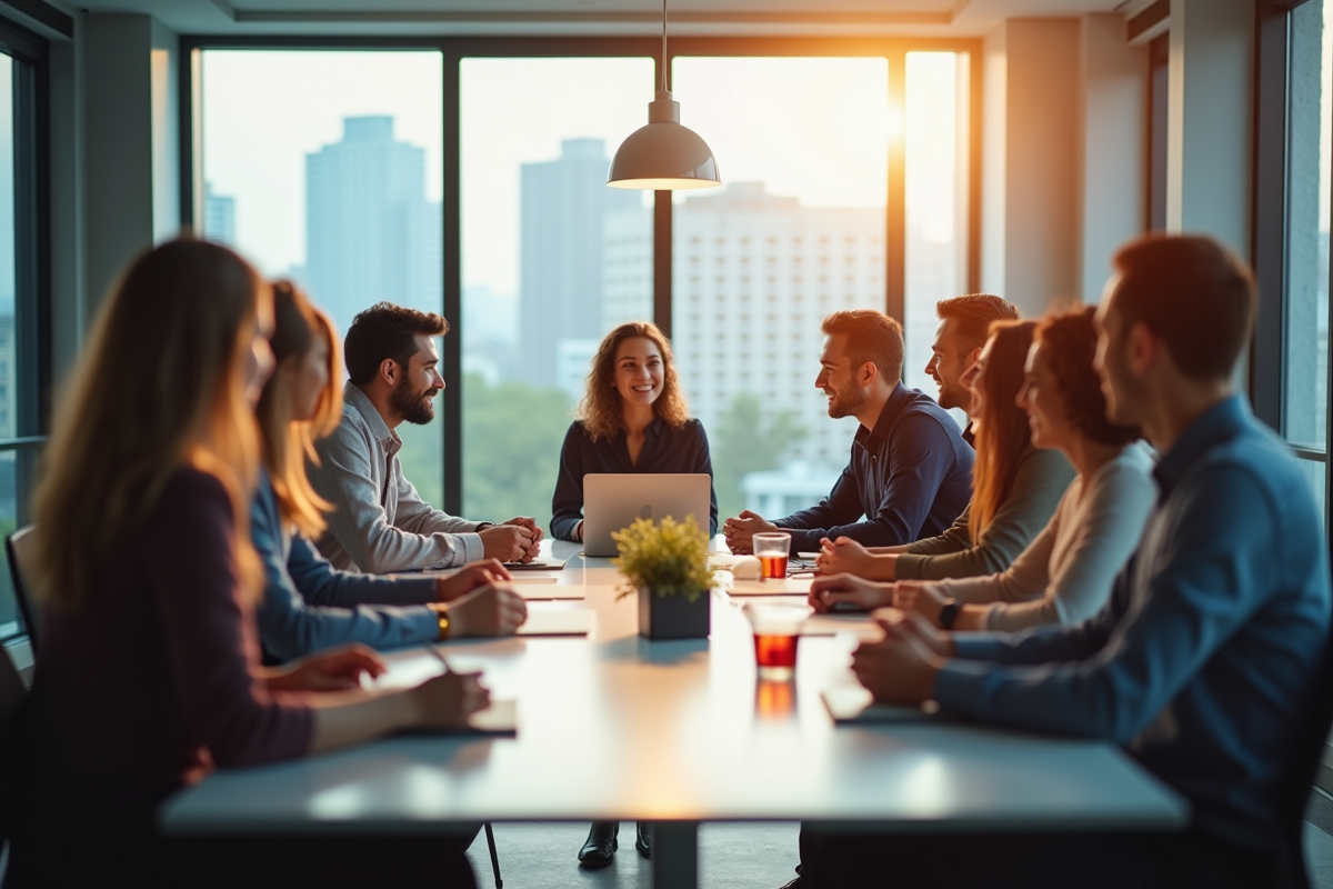 Groupe de travailleurs en réunion dans un bureau lumineux