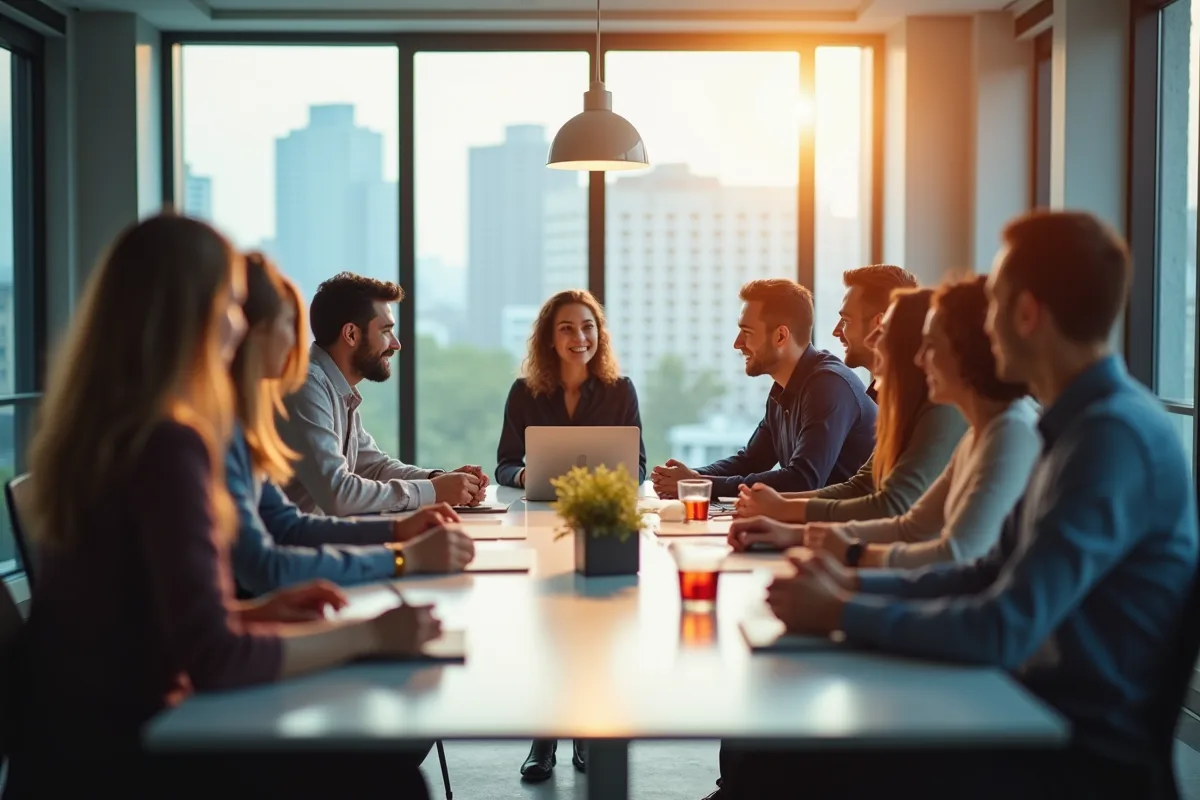 Groupe de travailleurs en réunion dans un bureau lumineux