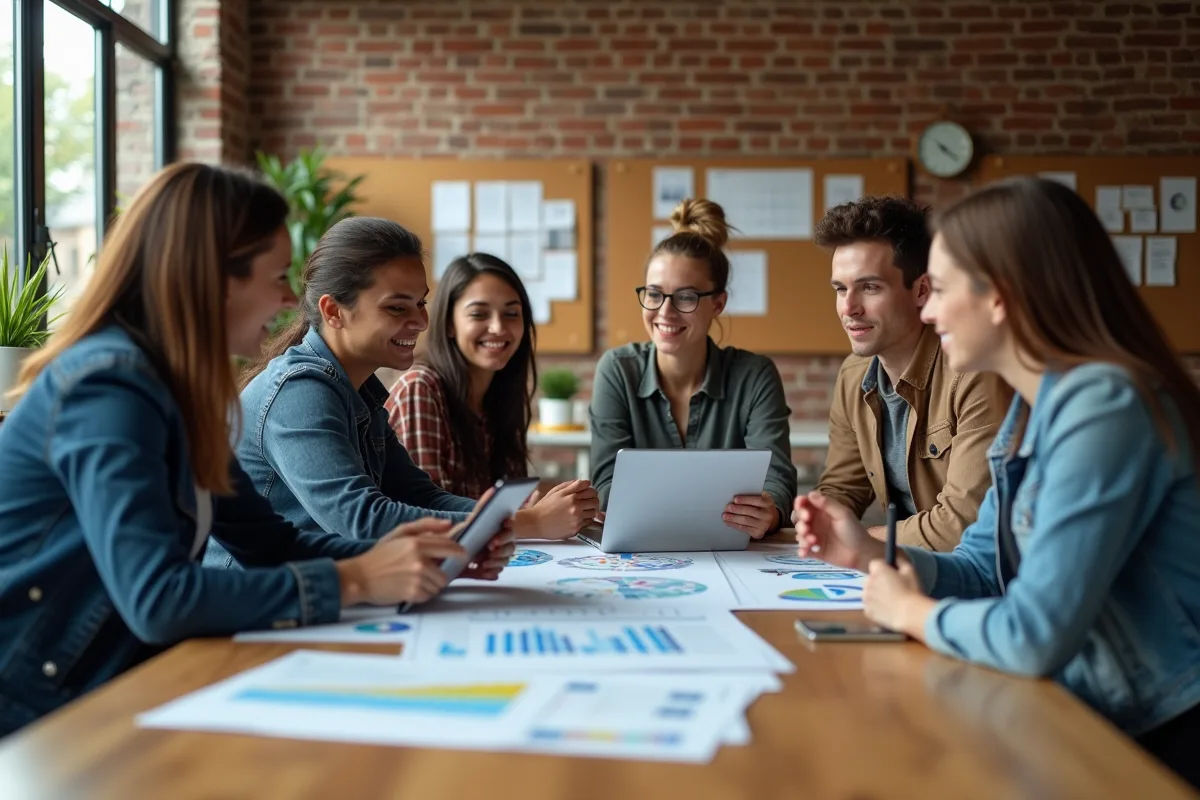 Groupe de jeunes professionnels discutant autour d