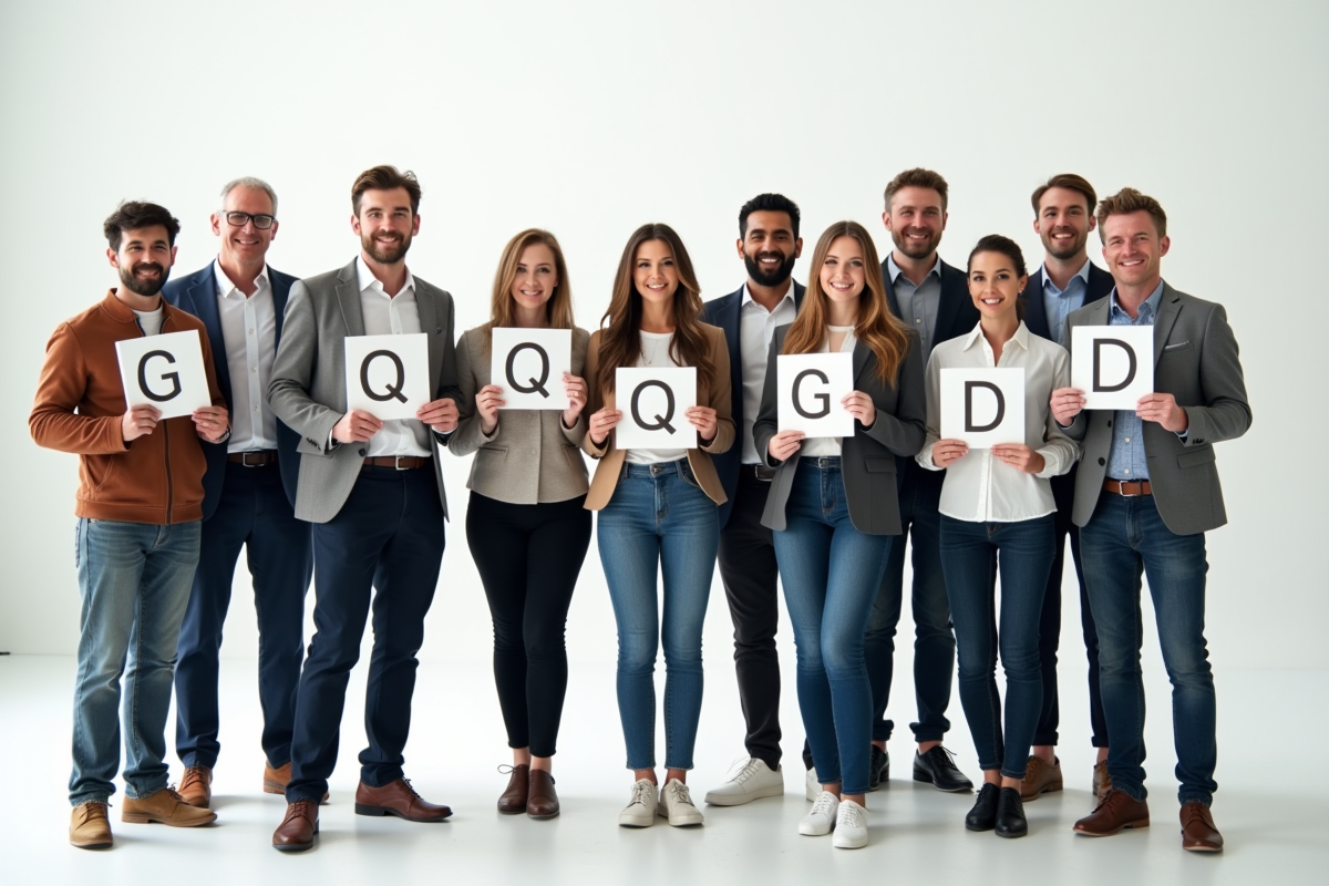 Groupe diversifié de personnes avec des panneaux de métiers commençant par Q