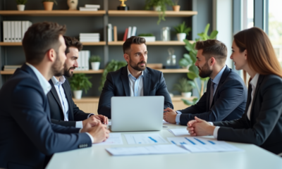 Groupe de professionnels en réunion dans une salle moderne