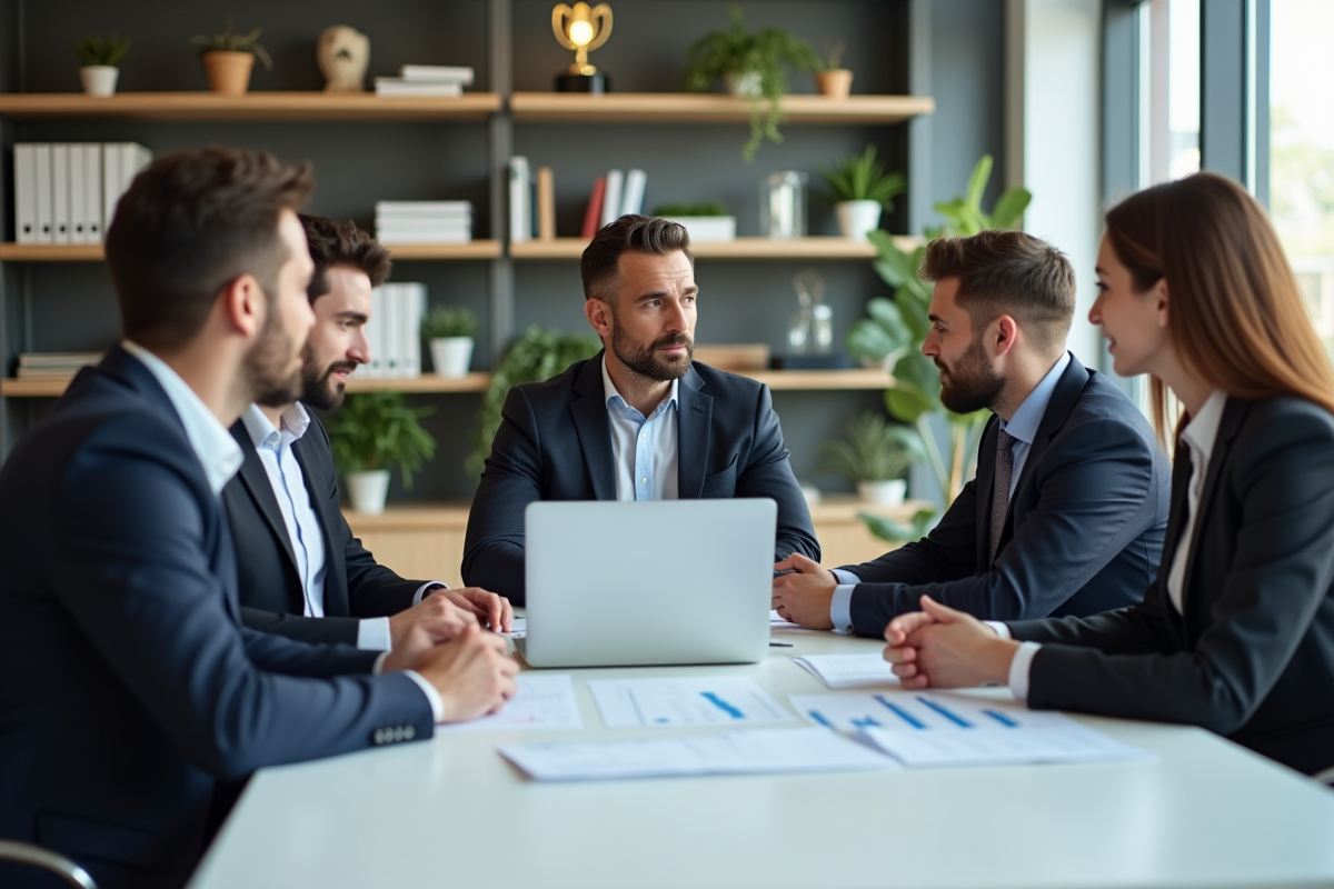 Groupe de professionnels en réunion dans une salle moderne