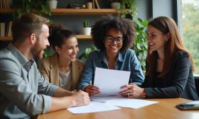 Groupe de quatre adultes en réunion dans un bureau moderne