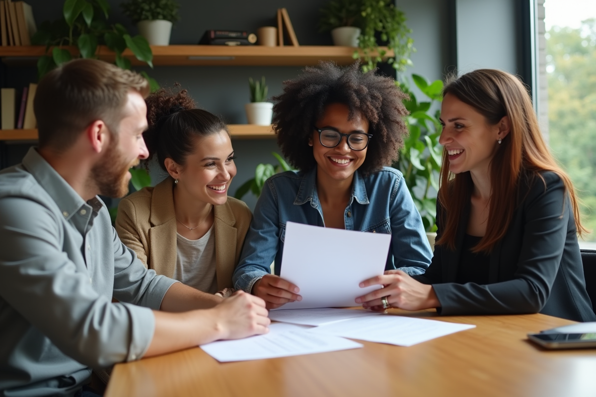 Groupe de quatre adultes en réunion dans un bureau moderne