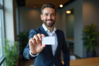 Homme d'affaires souriant tenant une carte de visite