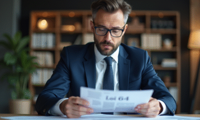 Homme d'affaires en costume regardant des documents Loi 64