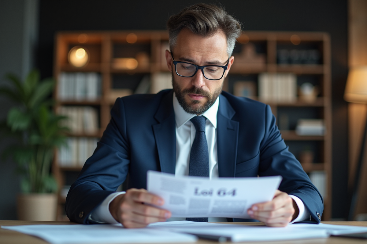 Homme d'affaires en costume regardant des documents Loi 64