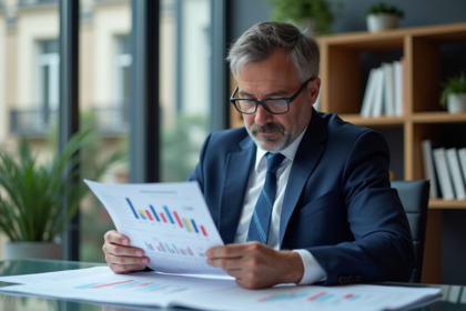 Homme d'affaires en costume bleu étudiant un rapport financier