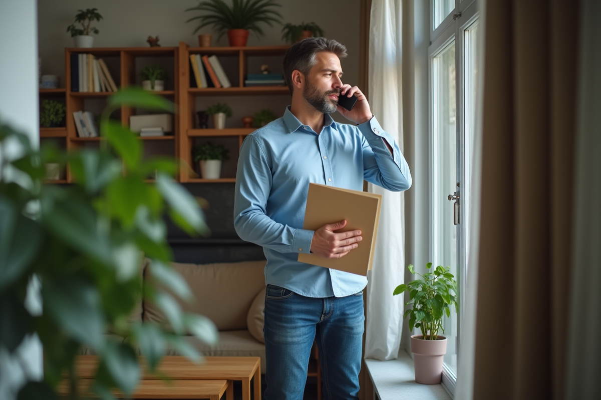 Homme au téléphone dans son salon avec dossier contract