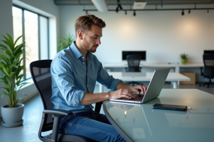 Homme en tenue décontractée travaillant sur un ordinateur dans un bureau moderne