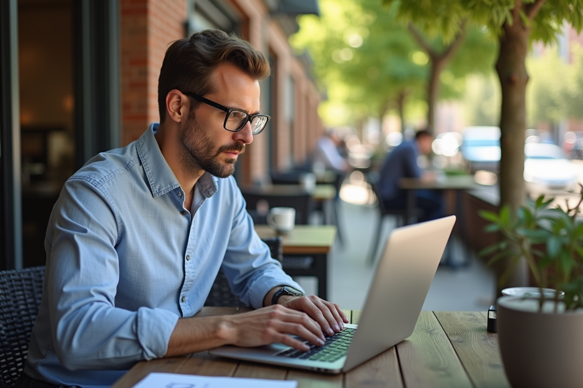 Homme travaillant en extérieur dans un café ensoleille
