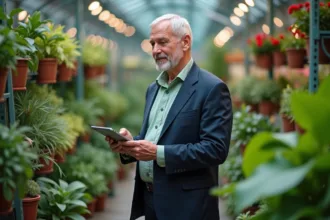 Homme d age en costume dans un centre de jardinage