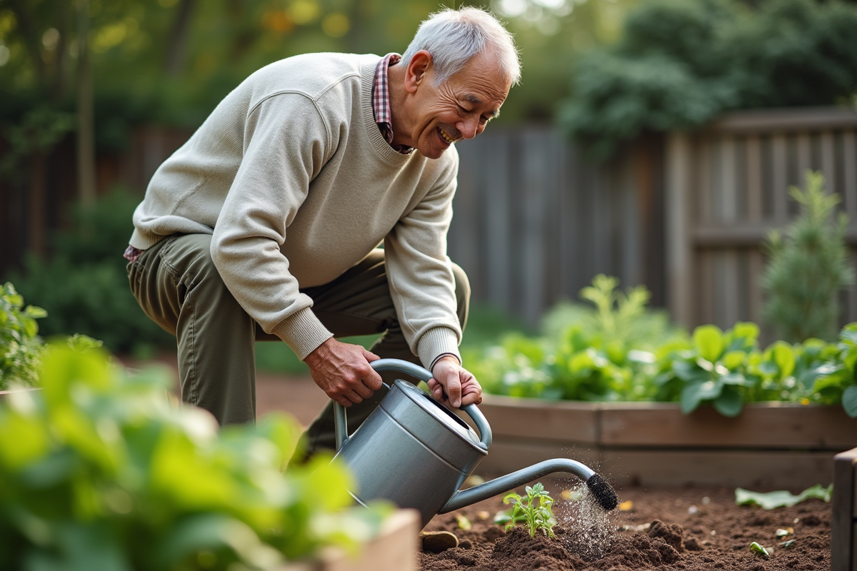 Homme âgé arrosant son jardin potager en extérieur