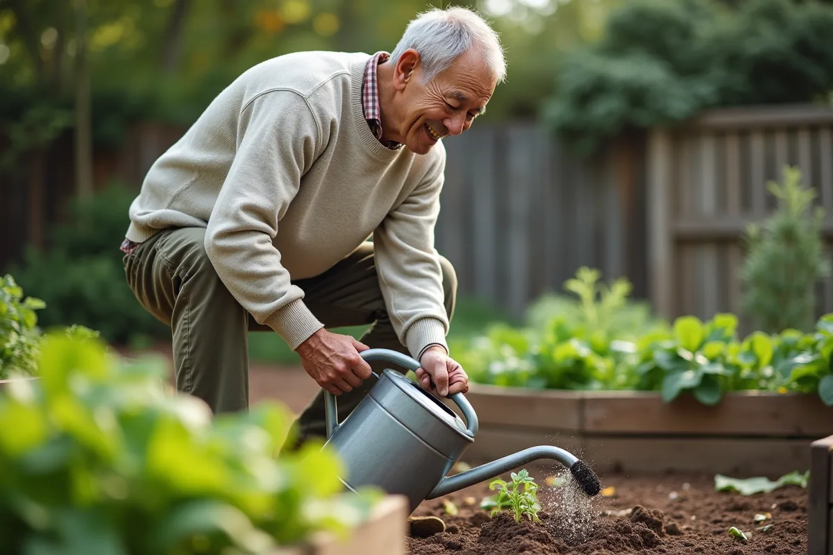 Homme âgé arrosant son jardin potager en extérieur