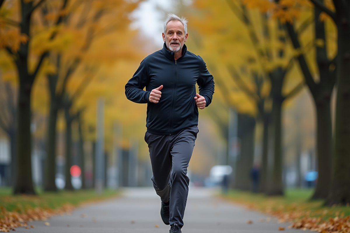 Homme d age moyen courant dans un parc urbain