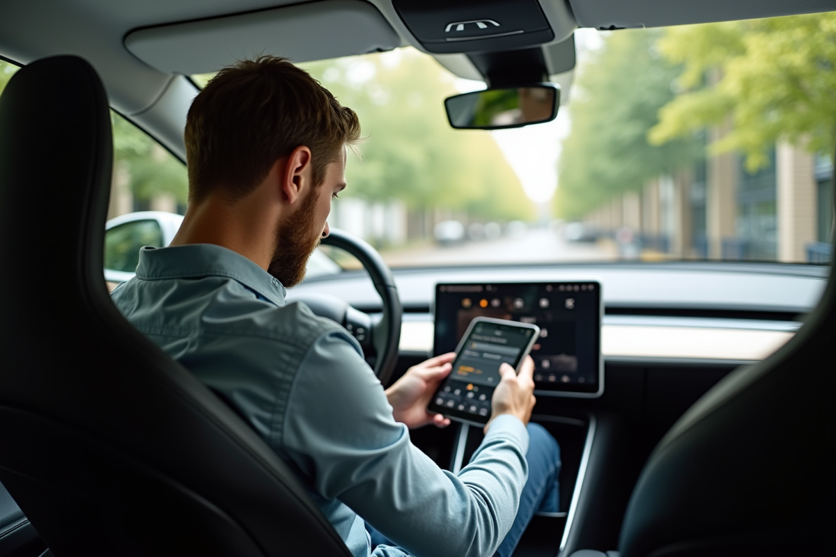 Homme lisant dans une Tesla Model 3 lumineuse et moderne