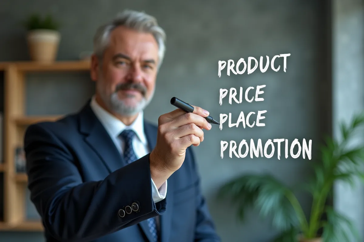 Manager marketing écrivant les 4P sur un tableau blanc