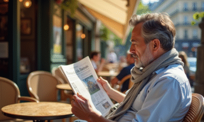 Homme français lisant un journal dans un café parisien