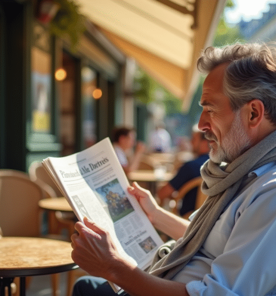 Homme français lisant un journal dans un café parisien