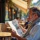 Homme français lisant un journal dans un café parisien
