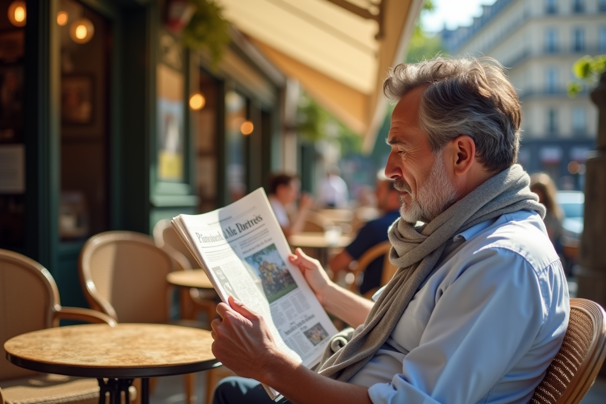 Homme français lisant un journal dans un café parisien