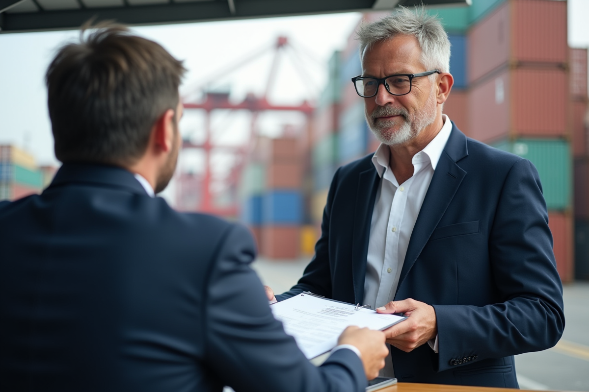 Homme remettant un certificat EUR1 à un douanier au port