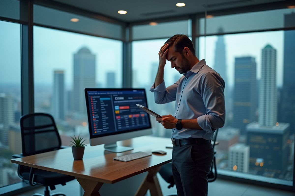 Homme d affaires inquiet avec tablette dans un bureau moderne