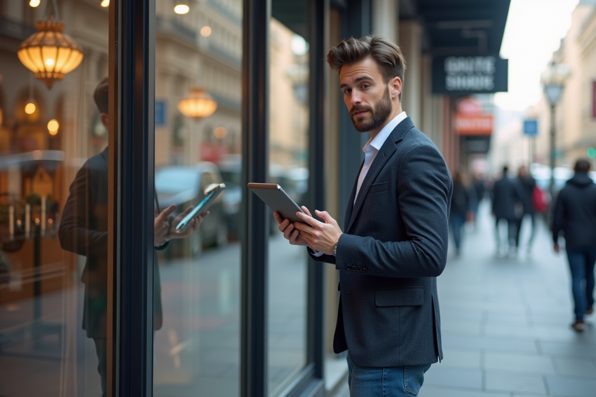 Jeune homme avec tablette analysant une publicité en ville